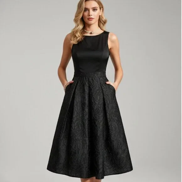 Boat Neck Party Dress With Rose Jacquard Texture Black - Picture 5 of 6